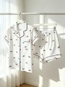 Women's Button-Down Short Sleeve Top & Shorts Pajama Set, Cream Base Dachshund Dog Polka Dot Print, Black Piping, Bow Detail, Spring Summer Wear, Loose Slim Fit, Sweet Girly Loungewear