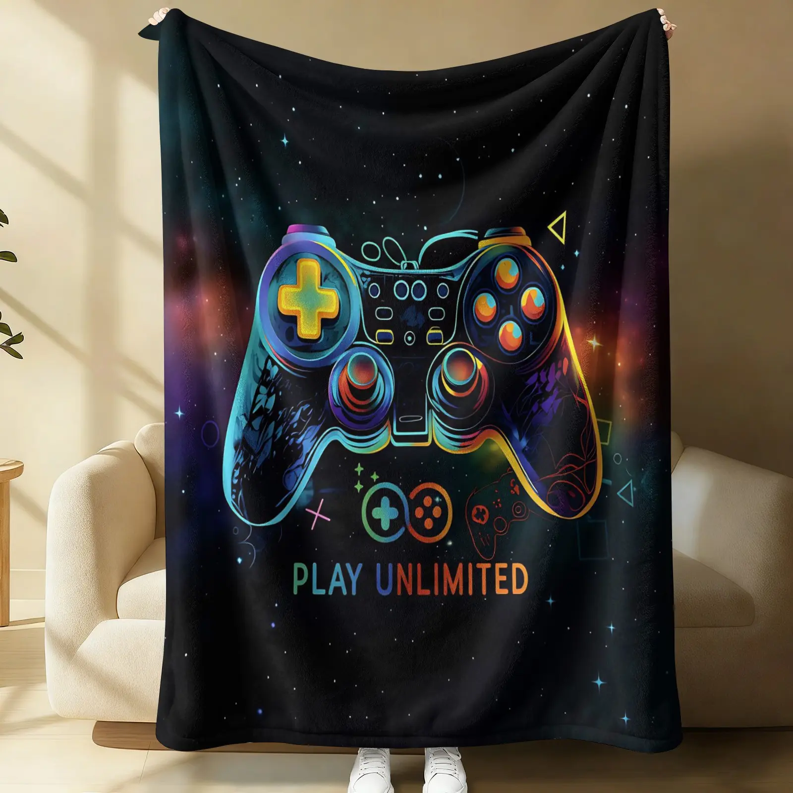 Neon Game Controller Flannel Throw Blanket, Galaxy Space Gaming Blanket, Soft Lightweight Sofa Bed Blanket for Gamers, Birthday Gift