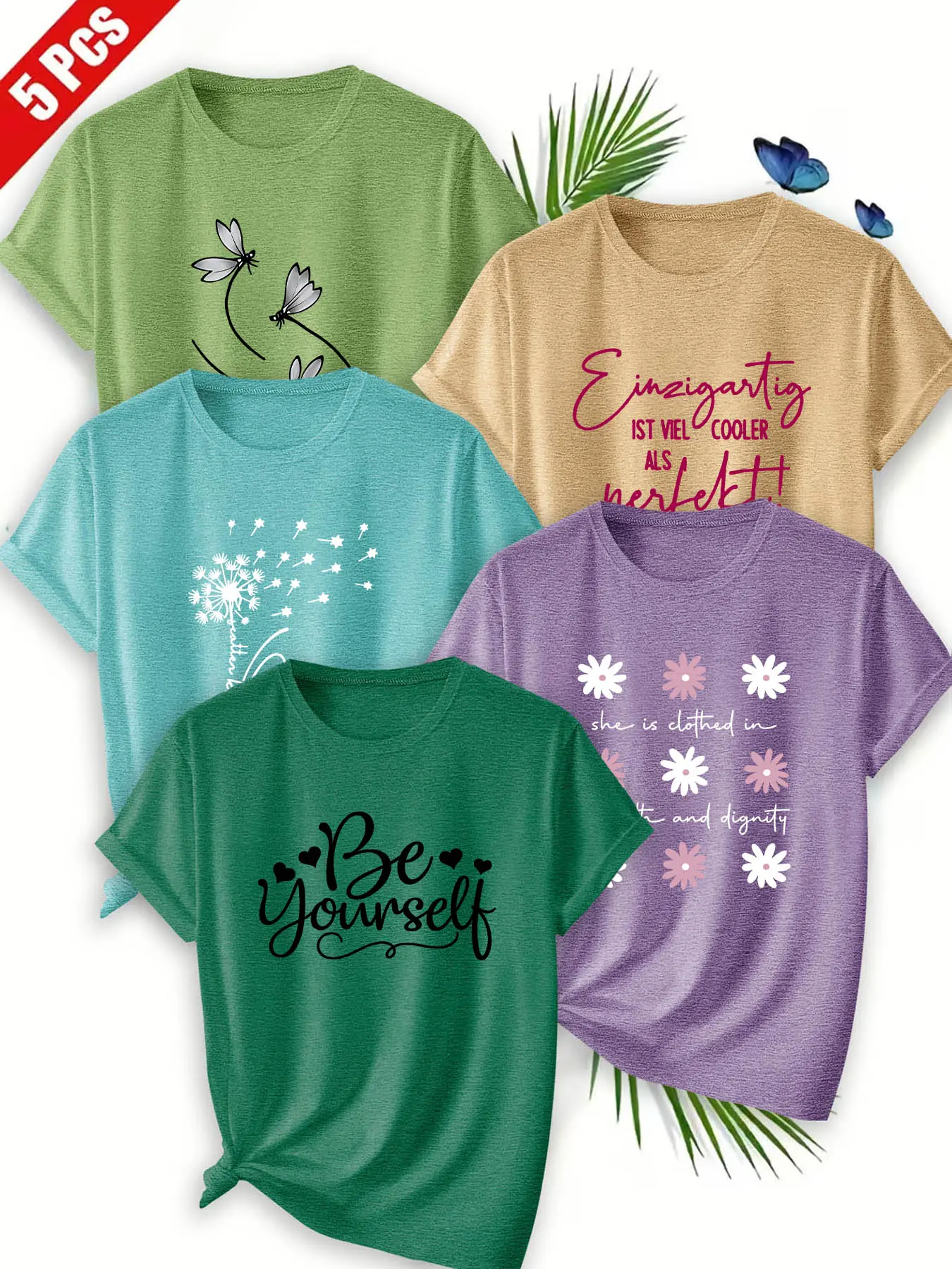 5Pcs Women Casual Crew Neck T-Shirt, Dandelion Dragonfly Gentle Inspirational Phrase Print, Multi-color Available, Machine Washable, Soft Skin-friendly Spring Summer Daily Stylish Top