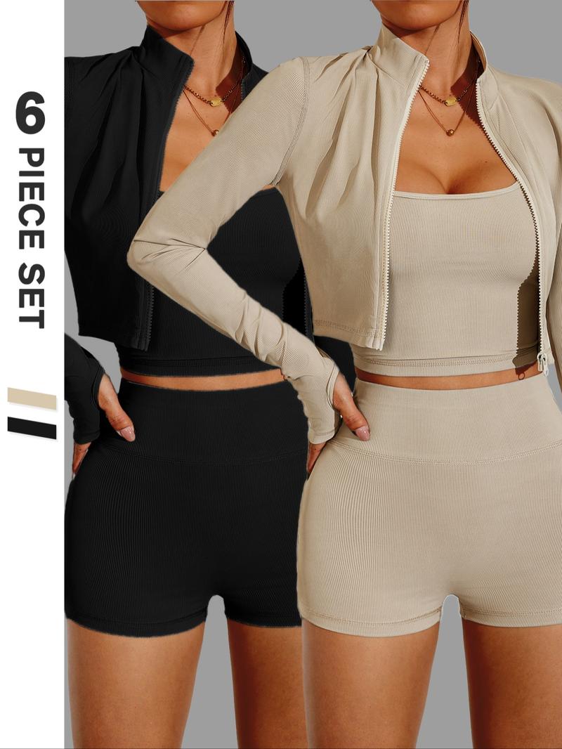 Three-Piece Set Women's Solid Crop Cami Top & High Waist Skinny Shorts & Long Sleeve Thumb Hole Zip Up Stand Collar Jacket Set, Slim-fitting Sporty Tummy Control Butt Lifting Sportswear Set for Yoga Gym Workout Running, Workout Running Clothes