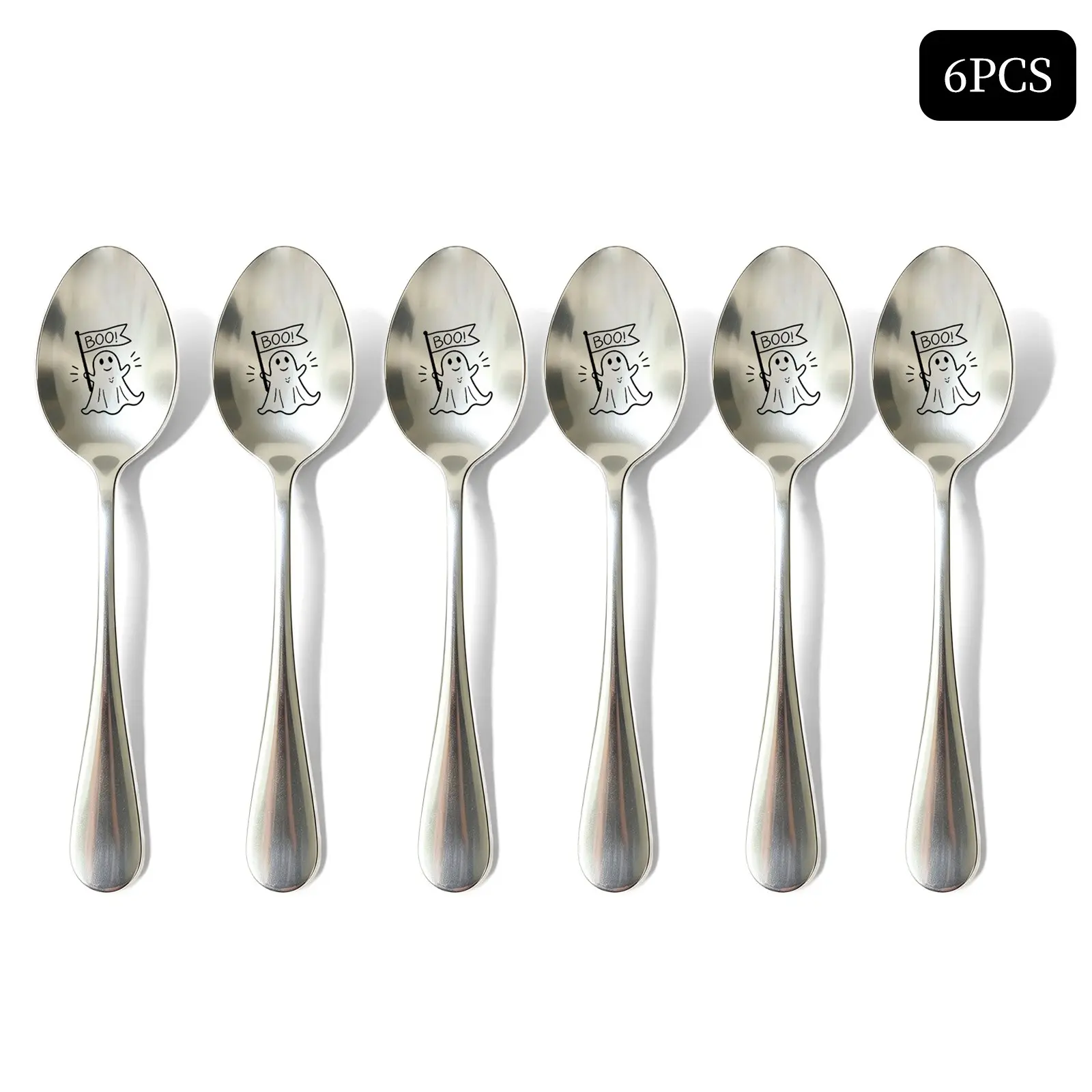 6pcs Halloween-Themed Stainless Steel Spoons, Ghost Carvings, Holiday Decorations, Festive Gifts, Coffee & Tea Spoons