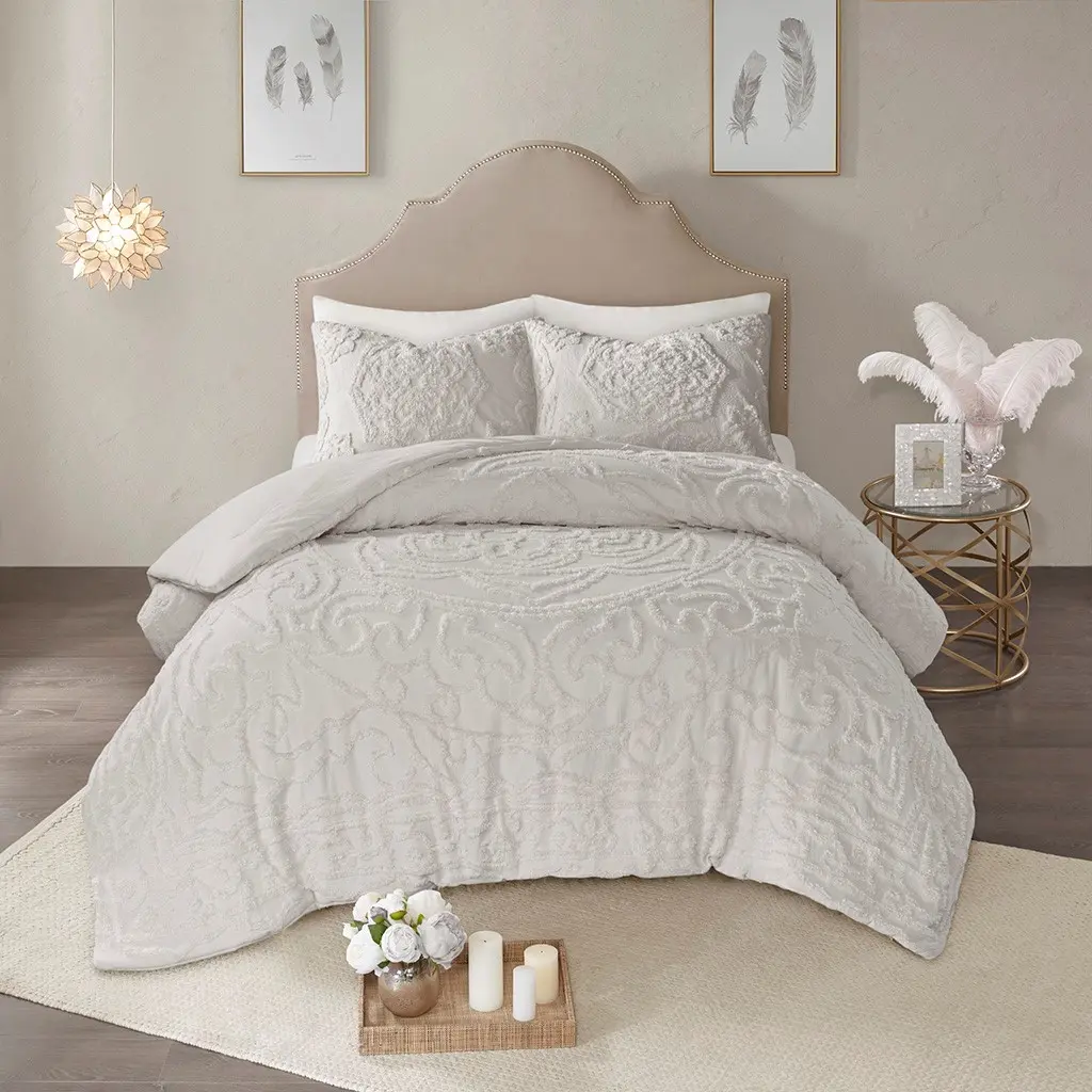 ARCH 3-Piece Tufted Cotton Chenille Medallion Comforter Set Grey King/Cal King Size Soft Textured Bedding Ensemble with Decorative Pillow Shams for Master Bedroom Guest Room Hotel Luxury Home Decor, Home Furniture and Household Product Search Terms,sohoch