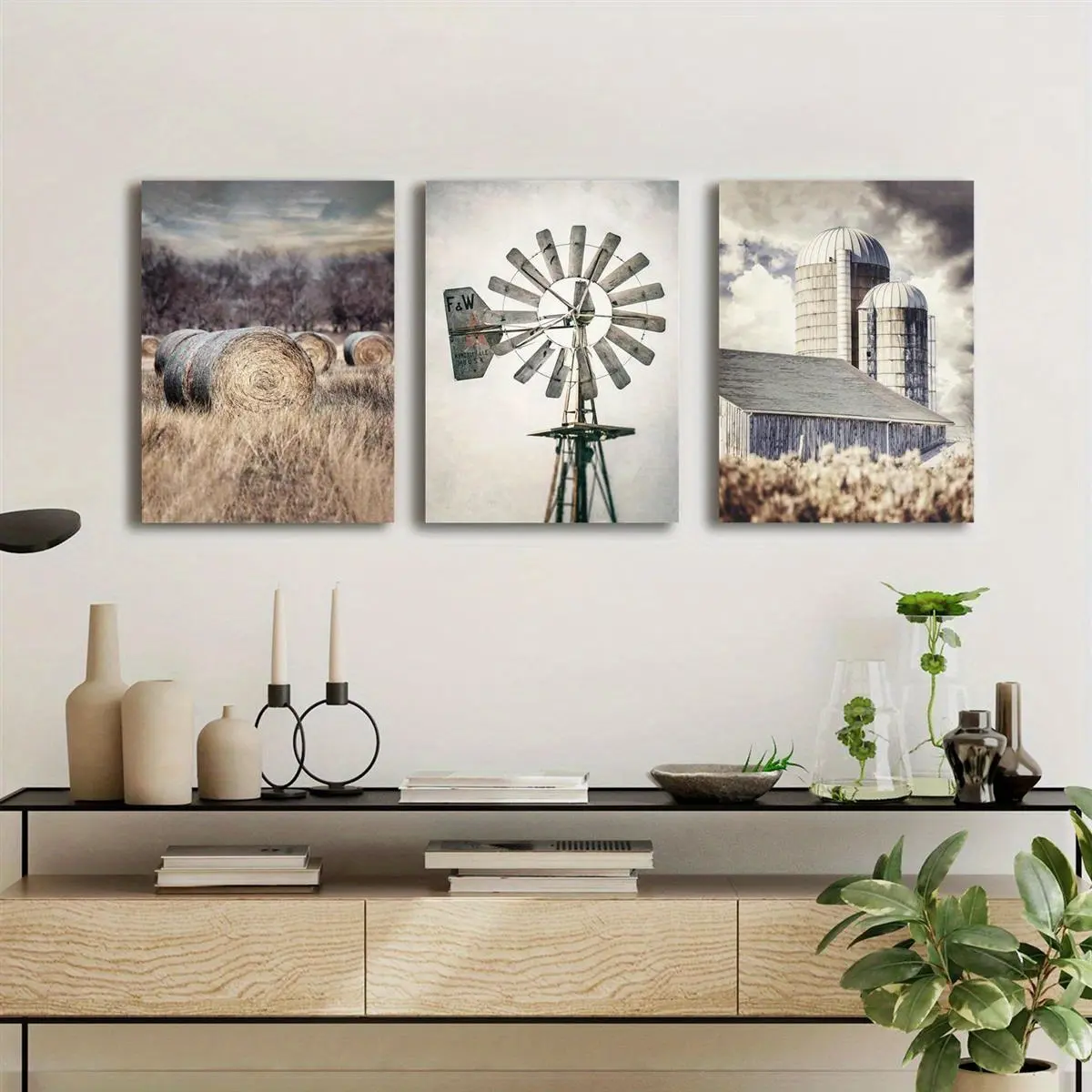 Country-Style Farm Triple Windmill Barn-Themed Canvas Wall Painting 3-Piece Canvas Wall Art - Framed, Ready To Hang - For Living Room - Perfect Gift For Housewarming Christmas New Year - Wall Decor, Home Decoration