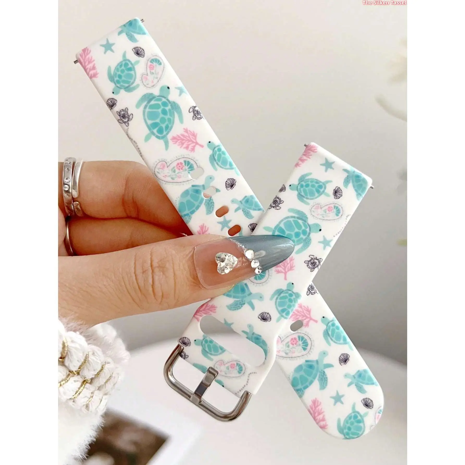 Cute Teal Sea Turtle Coral Shell Print Silicone Watch Band 20mm 22mm Universal Replacement Strap Soft Sport Wristband For Samsung Galaxy Watch All Brands Smart Watch Marine Summer Accessories tiktokshopbacktoschool