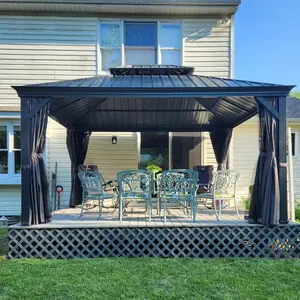 Aobtkel 12' X 14' Hardtop Gazebo Permanent Aluminum Outdoor Gazebo with Galvanized Steel Double Roof, Drainage Gutters, Curtains, and Netting for Party, Wedding, Dining On-Site