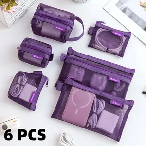 6-Piece Mesh Organizer Pouches, See-Through Polyester Zippered Bag Set, Multi-Size Portable Travel Must Haves for Cables & Cosmetics