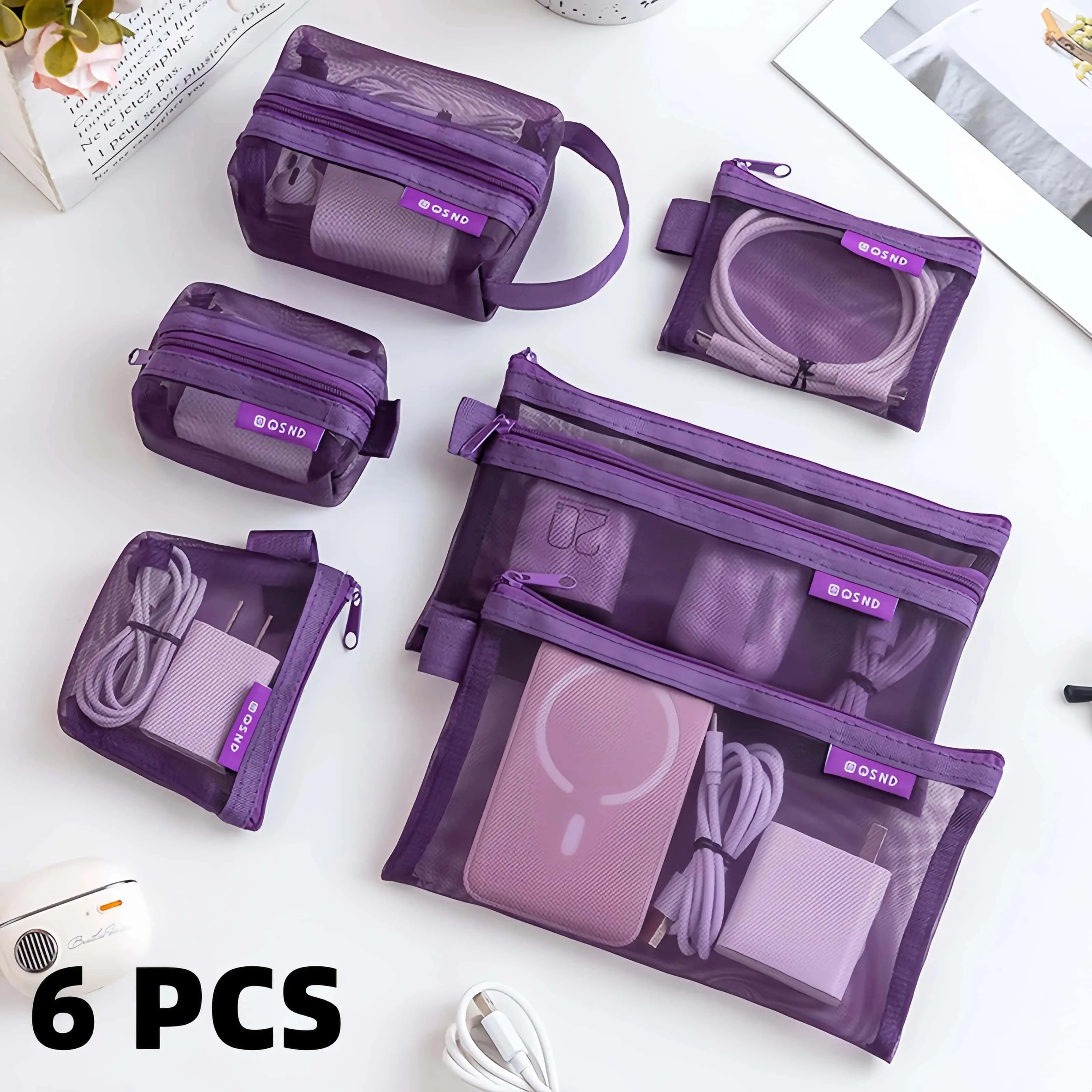 6-Piece Lightweight Mesh Pouch Set, See-Through Nylon Travel Packing Organizers with Zip, Assorted Sizes for Cables & Cosmetics, Multi-Size, Synthetic, Reinforced Edge, Scientifically Assorted Sizes
