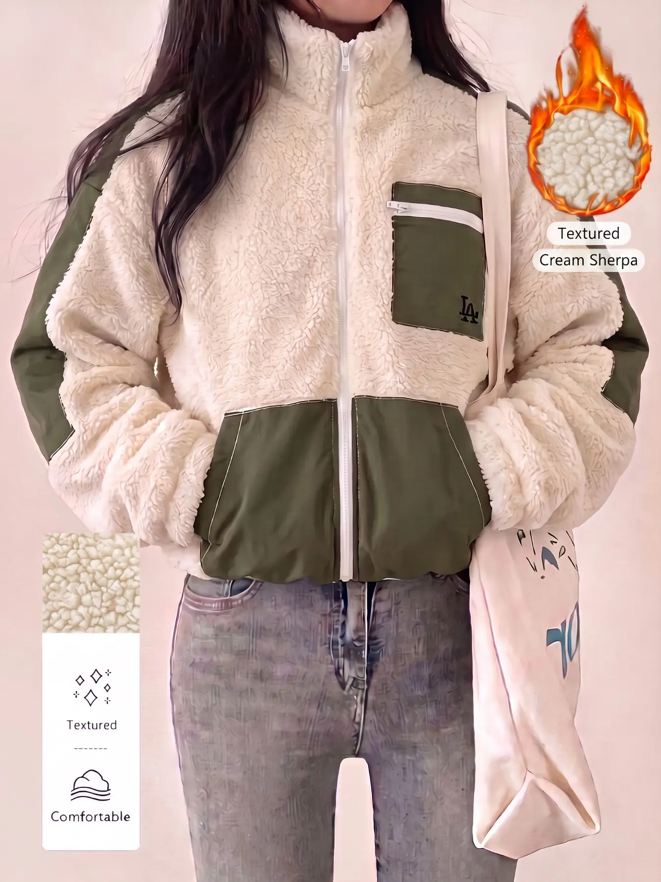 Women Color Block Sherpa Zip Up Jacket, Stand Collar Fuzzy Fleece Coat With Pockets, Contrast Patchwork Design, Soft Warm Textured Fluffy Fabric, Relaxed Loose Fit, Trendy Y2K streetwear for women, Chic Outerwear For Fall Winter Daily Going‑Out Casual Sty