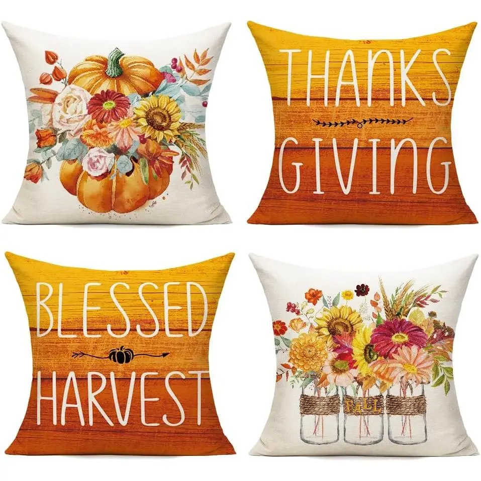 F Outdoor Throw Pillow Covers 18x18 Set of 4 Autumn Pumpkin Decorative Thanksgiving Cushion Cases  Décor Decorations for Patio Couch Chair Sofa,Orange Flower