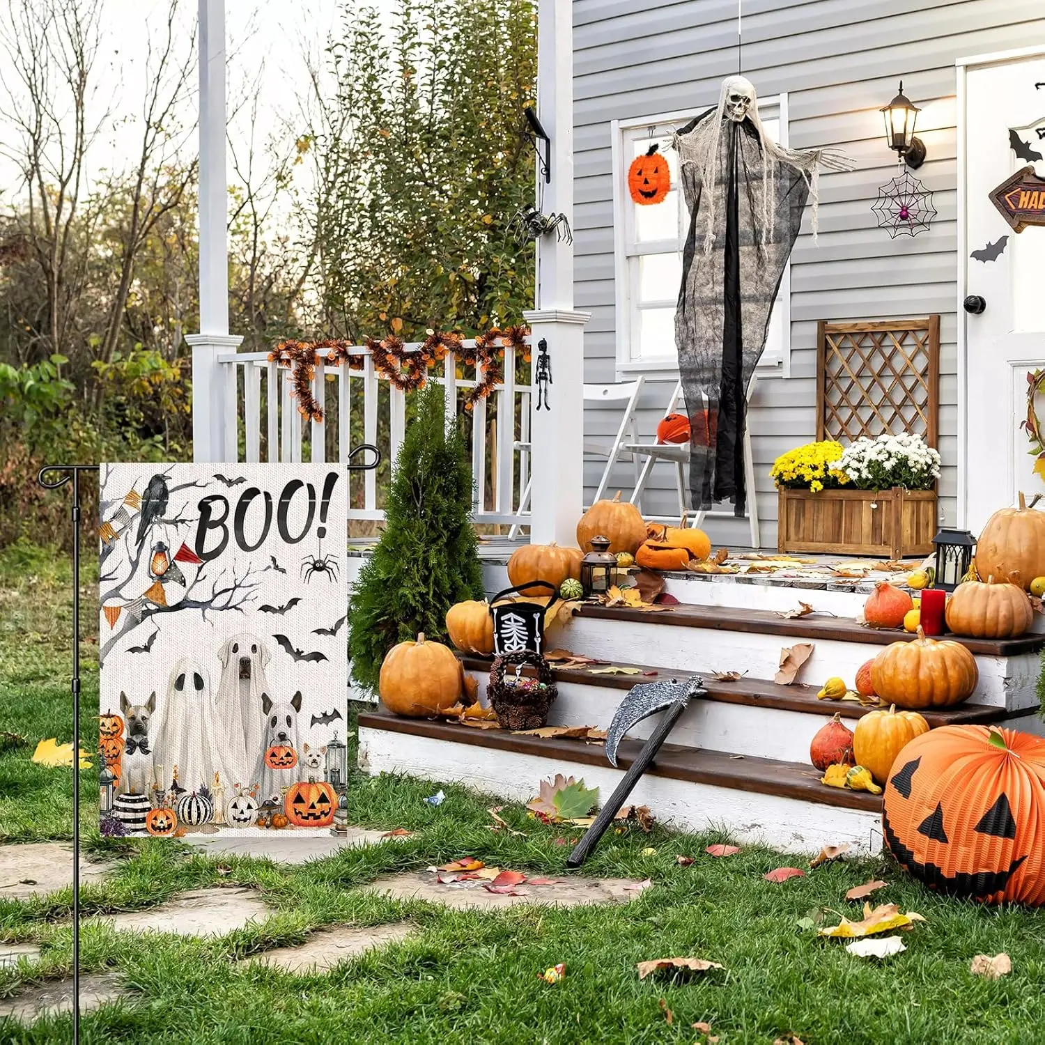 12x18 in Double-Sided Polyester-Flax Halloween Boo Burlap Garden Flag, Reusable Horror-Themed Outdoor Decor with Dog, Ghost, Bat, Pumpkin Designs, Suitable for All Seasons Farmhouse Holiday Decoration