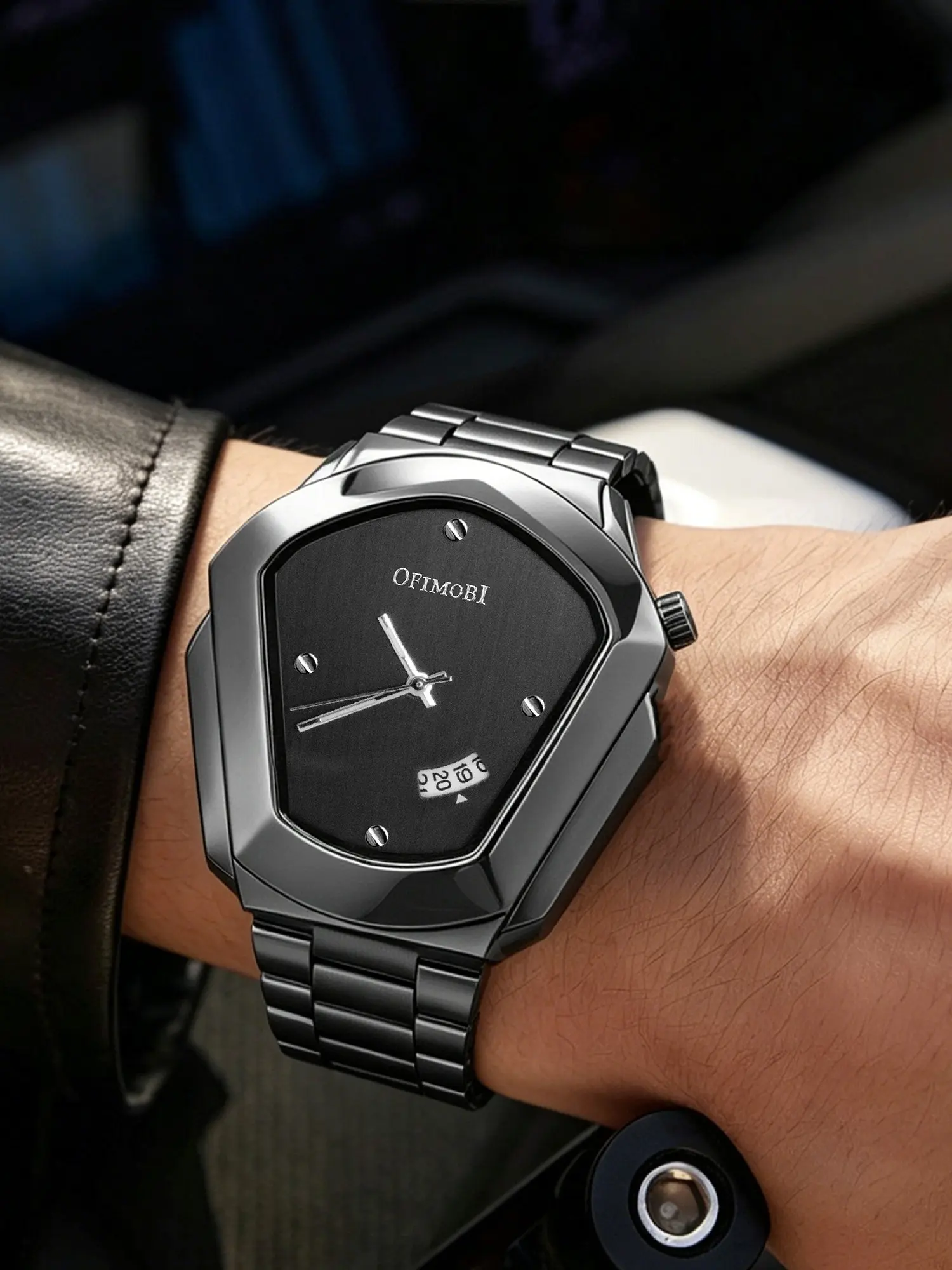 OFIMOBI Luxury Irregular Tonneau Shape Men Watch Stainless Steel Strap Waterproof Calendar Quartz Wristwatch Male