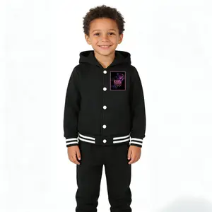 Kids' Unisex Hooded Baseball Jacket Purple Galaxy Crown Design On Chest Stranger Things  Casual Button-Up Sweatshirt, Soft Warm Fabric for School & Daily Wear Classic Varsity Style with Striped Cuffs