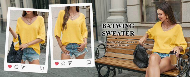 Saodimallsu Womens Oversized Summer Sweater Half Sleeve Batwing V Neck Dolman Sleeve Trendy Casual Knit Tops