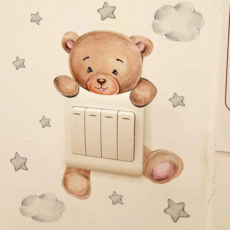 Cute Cartoon Bear Star Self-Adhesive Switch Stickers, Decorative Plastic-Stainless Home Decor, Christmas Gift for Kids’ Room Bedroom Wall Mural Decals