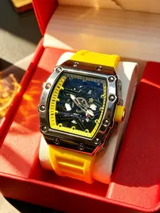 Men's Barrel Analog Watch with Hollow Out Color Block Dial, Flexible Strap, Rivet Case, Mechanical Style, Precise Timekeeping, Trendy Accessory, Gift Box Packaging, Barrel Shaped Watch