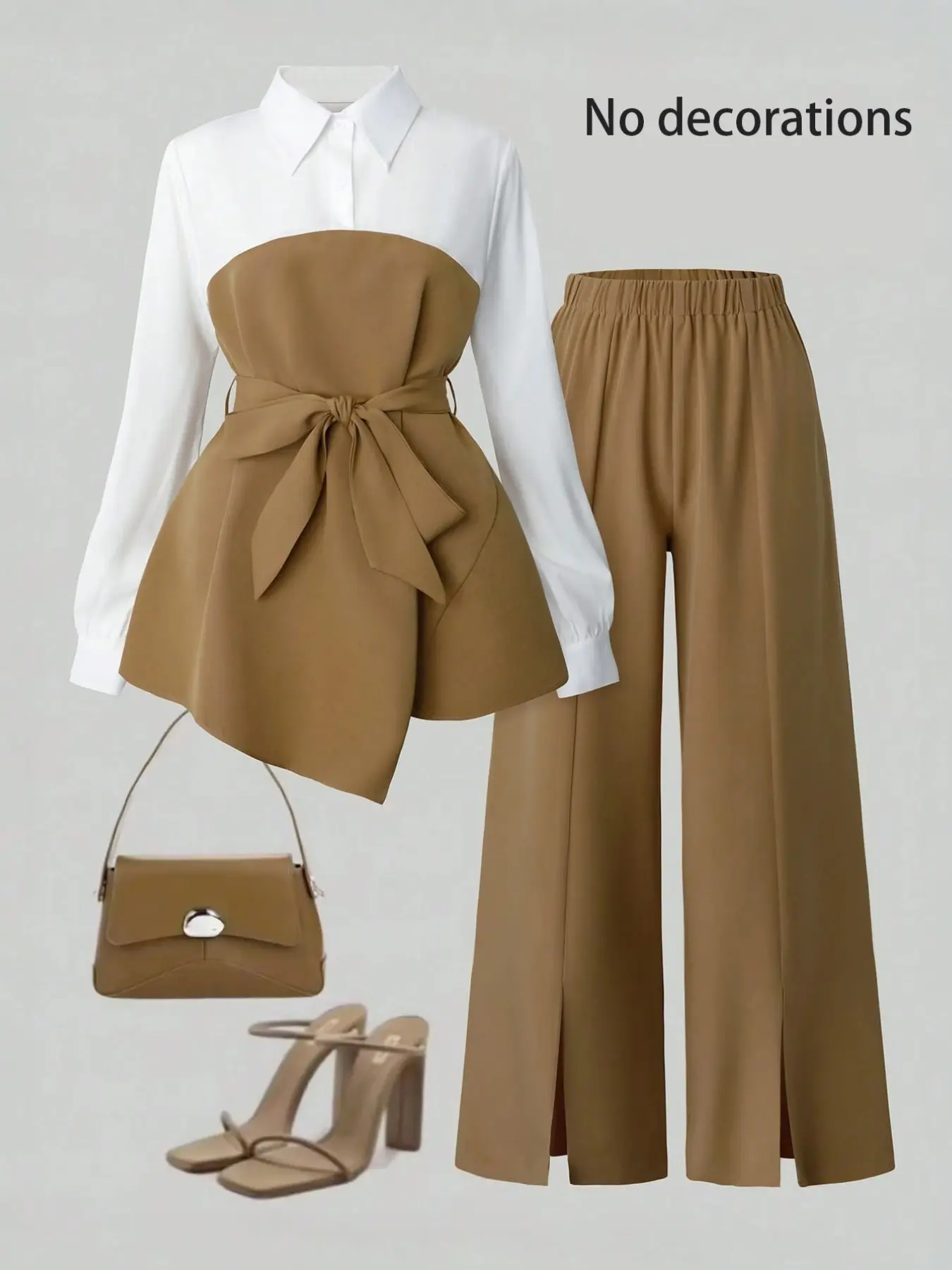 Women's Two-Piece Set, Fake Two-Piece Patchwork Long Sleeve Shirt and Wide Leg Pants, Casual Office Wear, Daily for Women