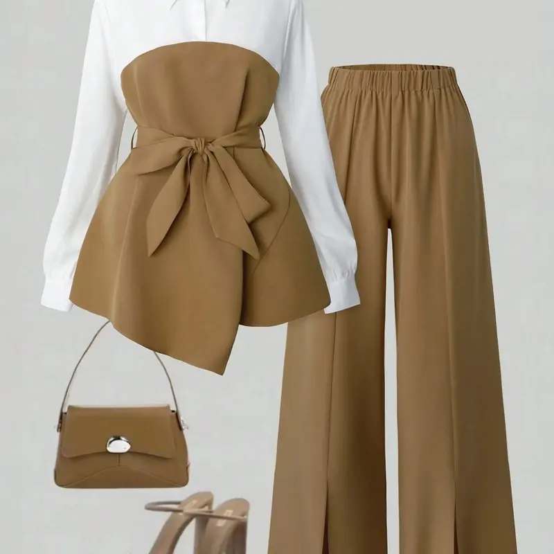Women's Two-Piece Set, Fake Two-Piece Patchwork Shirt and Wide Leg Pants, Casual Office Wear, Daily for Women, Fashion Style Sets