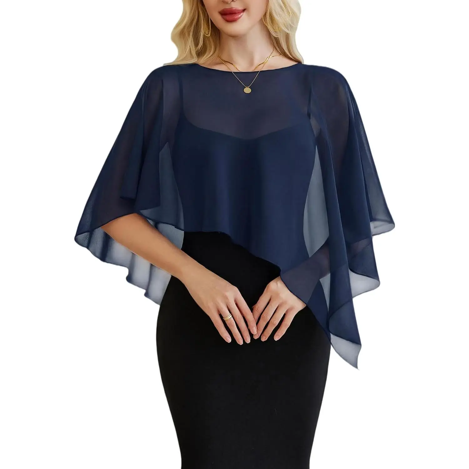 Women's Chiffon Capelet Batwing Sleeves Elegant Evening Wedding Shawl Wrap Sheer Mesh Asymmetric Hem Formal Cover Up