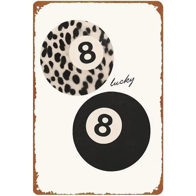 Vintage 8 Ball Lucky Wall Art, 8x12 Inch Aluminum Metal Sign, Retro Leopard Black 8 Ball Decorative Print, Luck Themed Wall Plaque for Home Garage Bar Coffee Shop Decor
