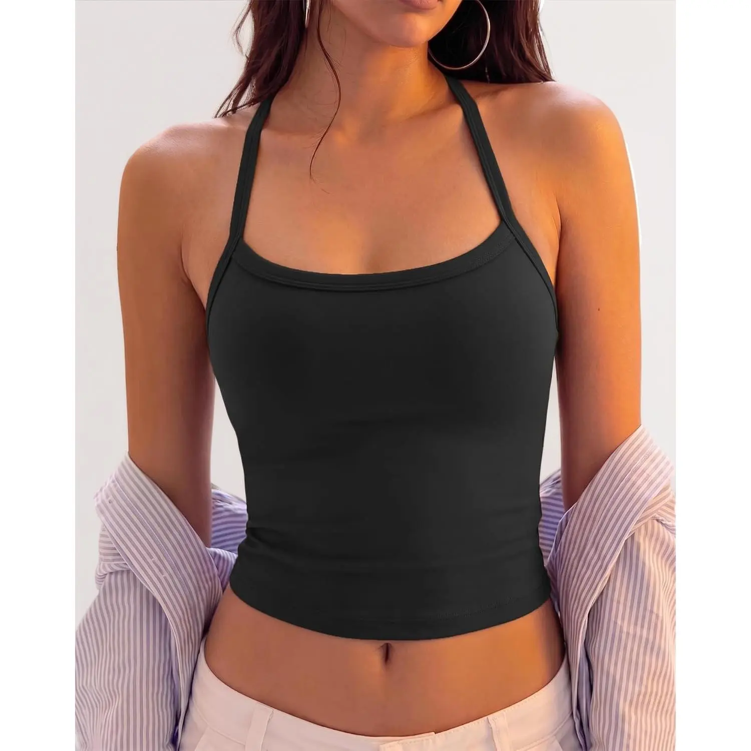 Tank Top Built in Bra for Women - Sports Yoga Workout Crop Halter Neck - Padded Back Bras Cami Athletic Gym Cropped Tanks