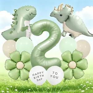 13-Piece Dinosaur Birthday Balloon Set, 32-Inch Olive Number Aluminum Foil Balloons, Kids Party Decor, Outdoor Event, Classroom Activity