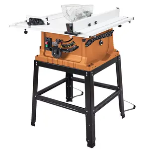 10 Inch Benchtop Table Saw with complete stand powered by 15A 5000RPM robust motor, customizable blade height enables 90° crosscut and 0–45° bevel cutting on wood, plastic and thin metal, fitted with dust collector, compact portable design ideal for works