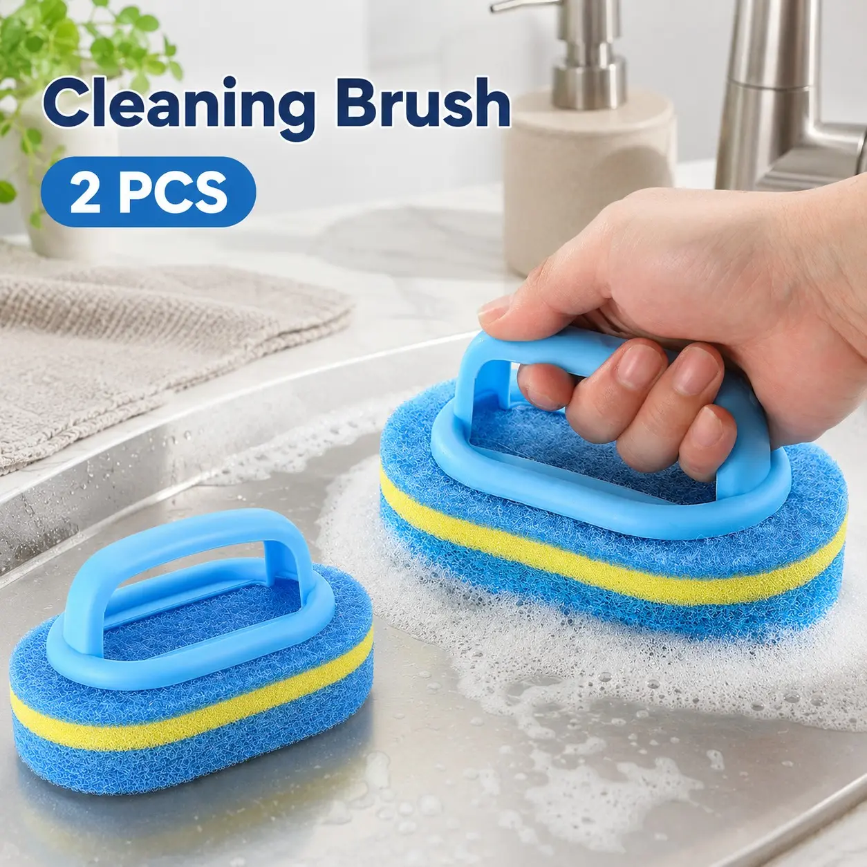 2-Pack Sponge Cleaning Brushes with Handles, Powerful Tile Scrubber for Bathtub, Kitchen Sink, Stove, Strong Cleaning Sponge Brush Set
