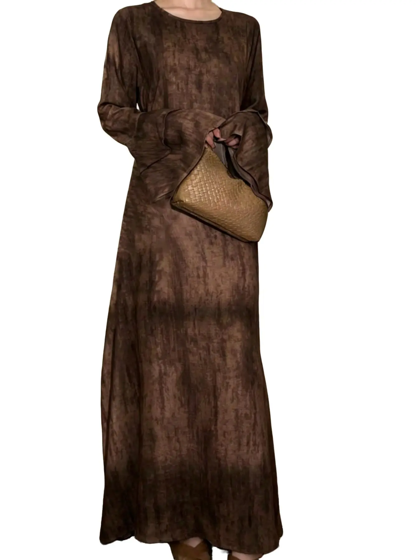 Women's Long Sleeve Round Neck Knitted Muslim Abaya Robe, Multi-Layered Arabic Style, Vintage Look, Non-Elastic Fabric, Ideal for Daily Wear