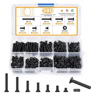 380-Count M3 Carbon Steel Black Countersunk Phillips Machine Screws & Hex Nuts Kit - M3 x 4mm/6mm/8mm/10mm/12mm/16mm/20mm, for DIY Projects, Automotive, Industrial Use, Effortless Installation
