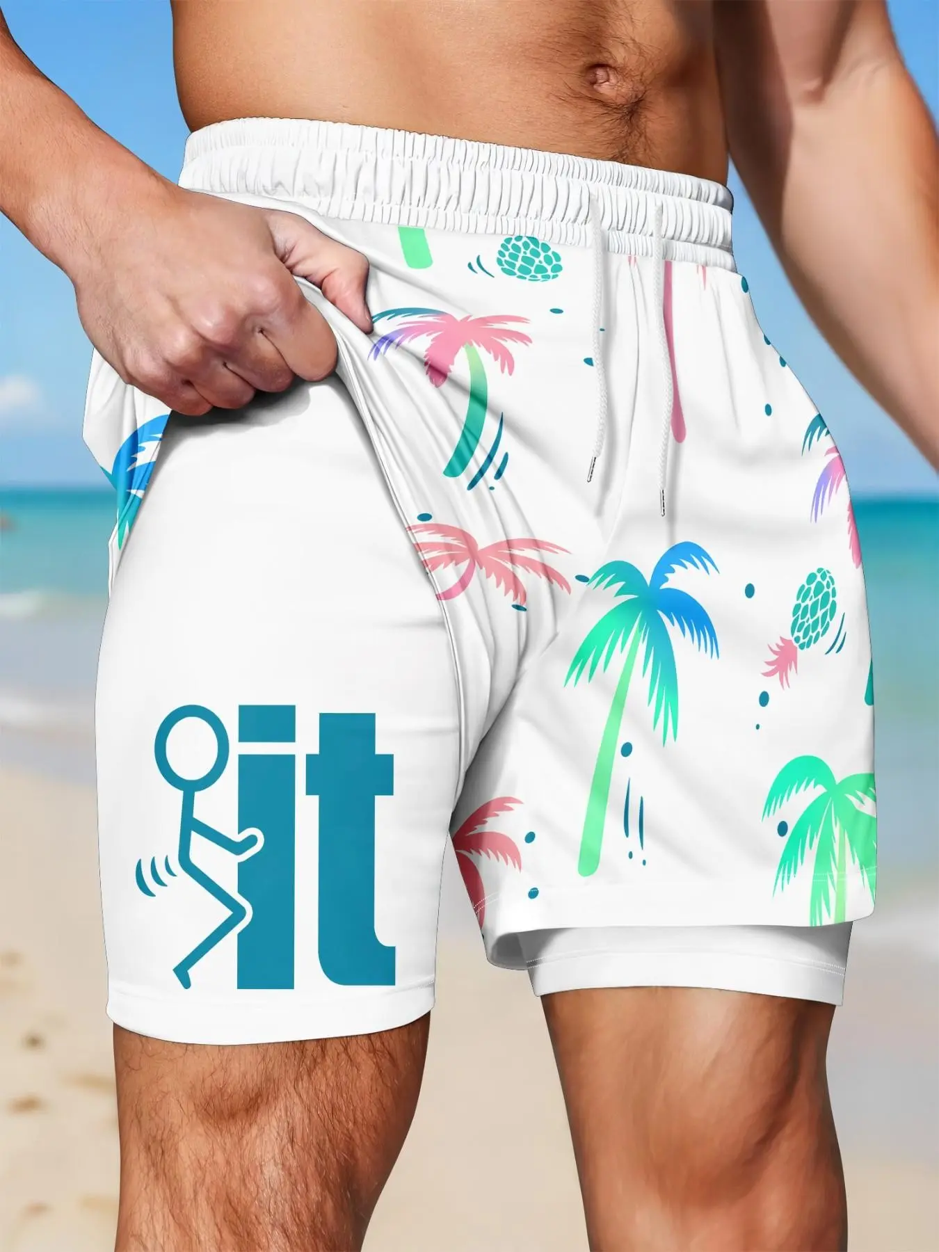 Men's Dual-Layer Anti-Abra Swing Shorts, Base Gradient Palm Pineapple Outer Print, Fun Cartoon Letter Inner Pattern, Quick-Dry Drawstring Waist