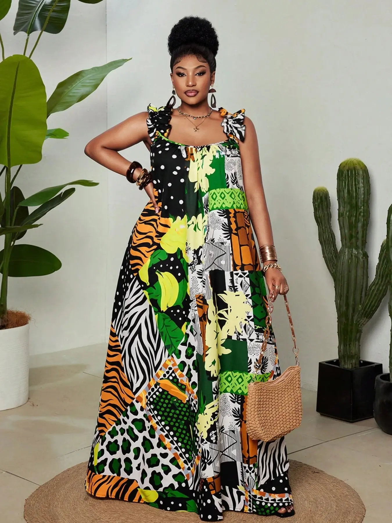 Plus Size Women's and Contrasting Print Summer Boho Dress, Colorful Asymmetric Ruffle Edge Suspender Tropical Long Dress