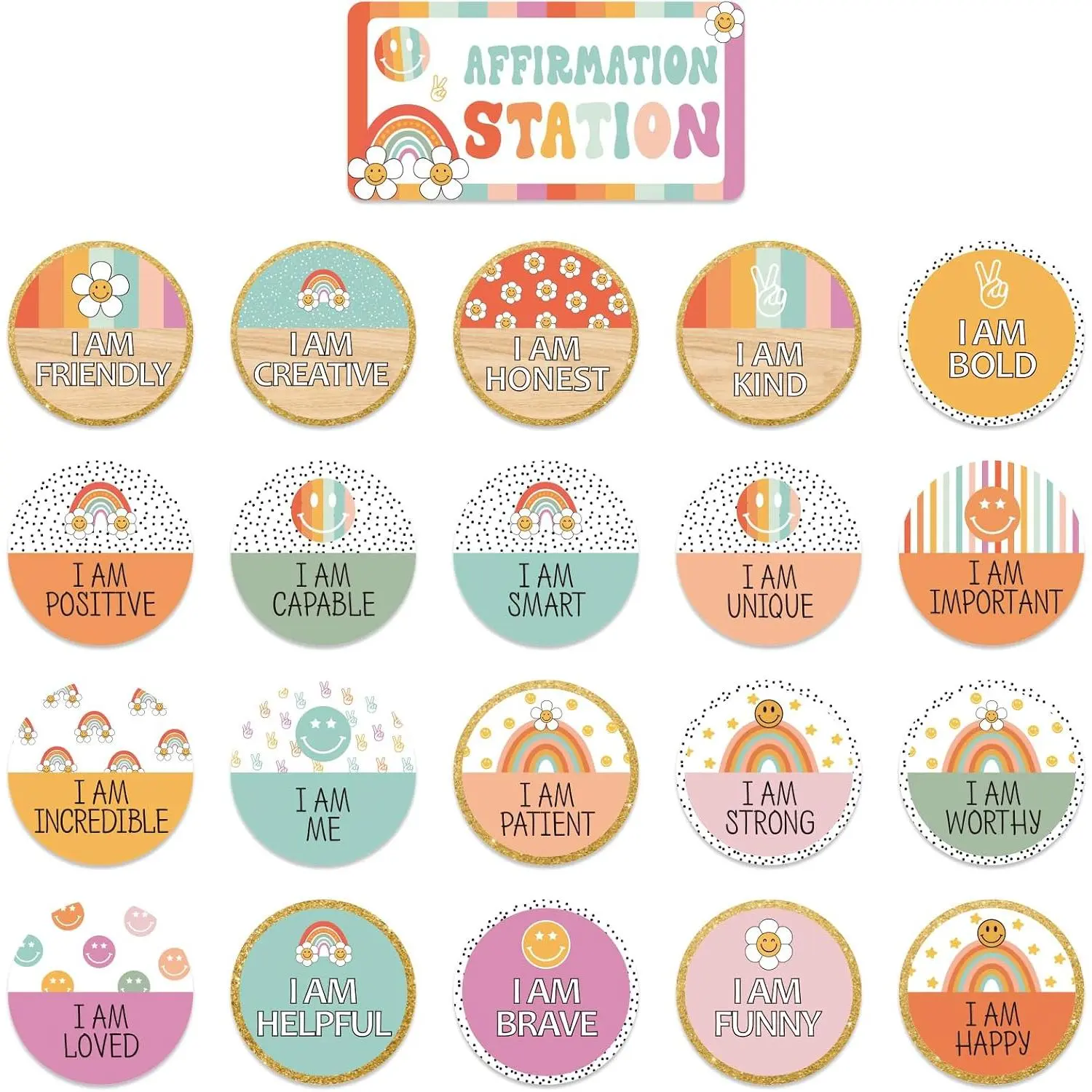 Retro Affirmation Station Bulletin Board Set, Groovy Positive Classroom Decoration, Affirmation Mirror for Classroom  Office Wall Door  to School Supplies