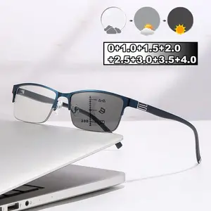 Photochromic Multifocal Reading Glasses Half Frame Color Changing Fashion Presbyopia Trendy Far Sight Sunglasses for Men Women