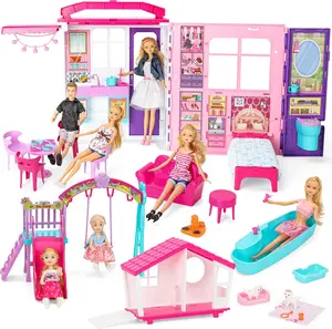 Style Shine Doll House Portable & Foldable Dollhouse w/ 60+ Pcs & 2 Dolls, Play House Toy with Bedroom Bathroom Kitchen Furniture Playset, Playhouse Gift for Girl Kid Toddler