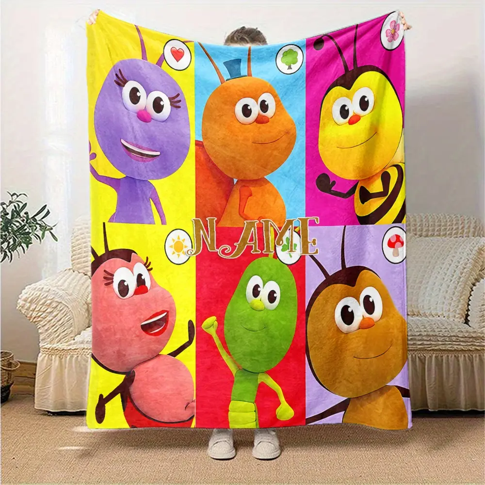 Custom Name Cute Cartoon Bug Grid Fleece Blanket - Anti-Pill Soft Flannel, Colorful Preschool Insect Print, Pastels Soft Pastels, Nursery Decor for Toddlers, Crib & Sofa Personalized Nature Animal Gift