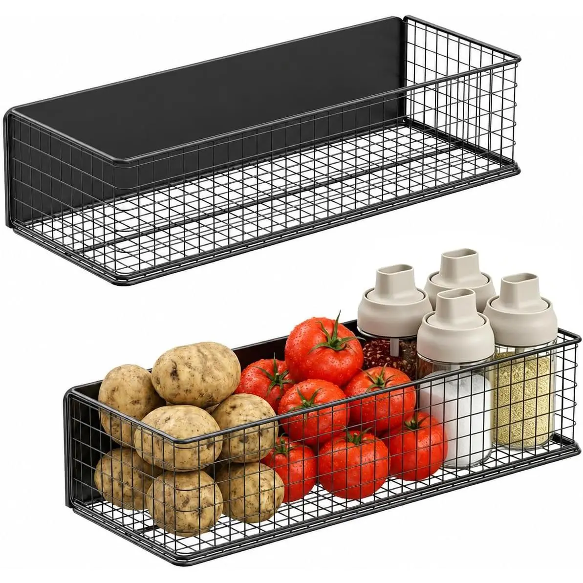 2-Pack Heavy-Gauge Steel Wire Grid Metal Magnetic Open Baskets (13.78inL x 5.31inW x 3.15inH) - Strong Magnets, 15 lbs Capacity Home Organizers for Kitchen Fridge, Garage Use