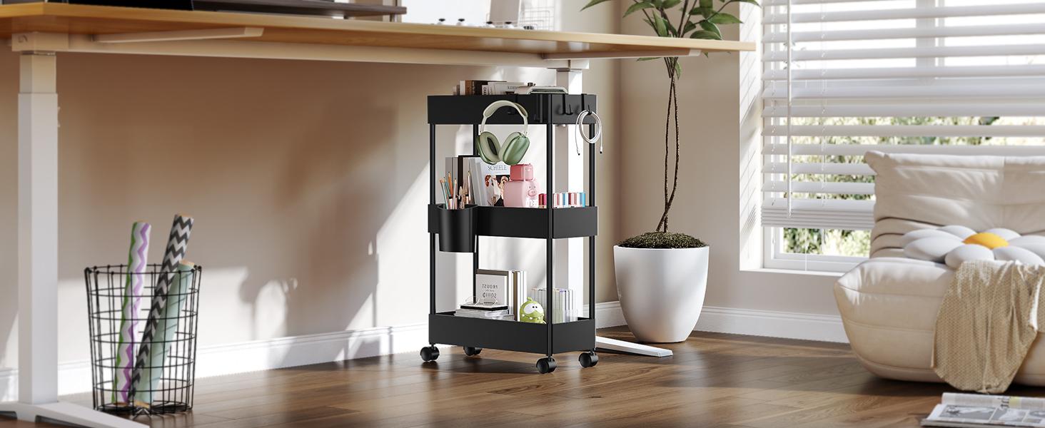Slim Storage Cart with Wheels - 3 Tier Bathroom Organizers and Storage Cart - Rolling Carts for Bathroom, Kitchen, Narrow Space, Laundry Room,Black