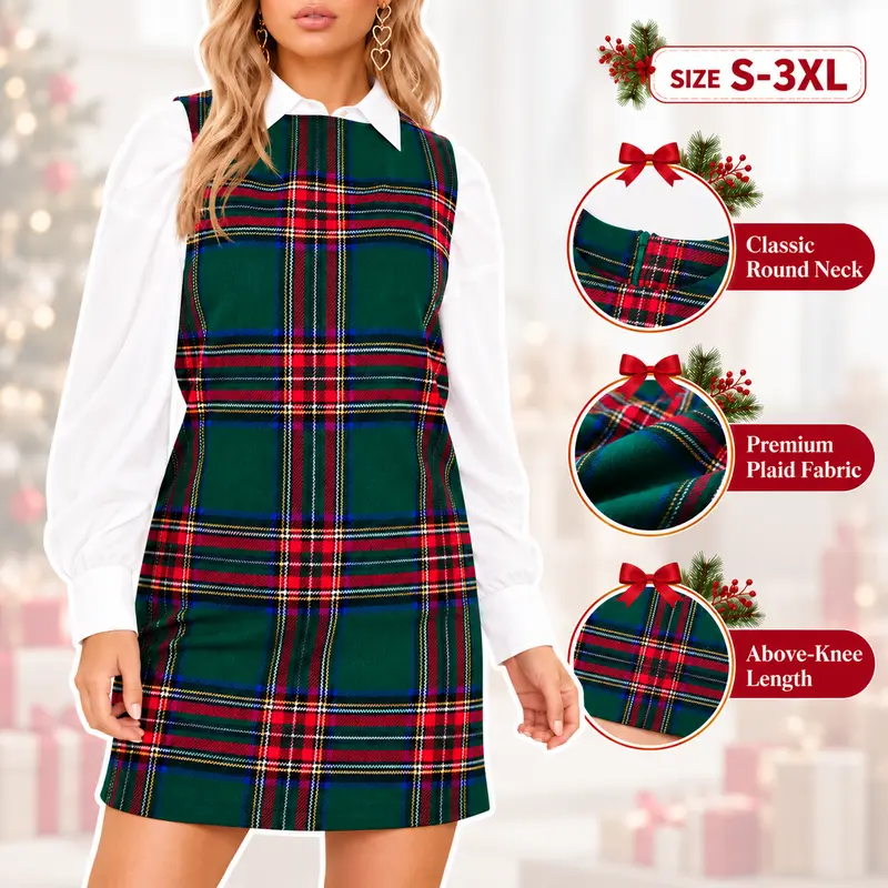 Imily Bela Women's Plaid Christmas Winter Overall Mini Dresses Sleeveless Round Neck A Line Short Xmas Party Dresses