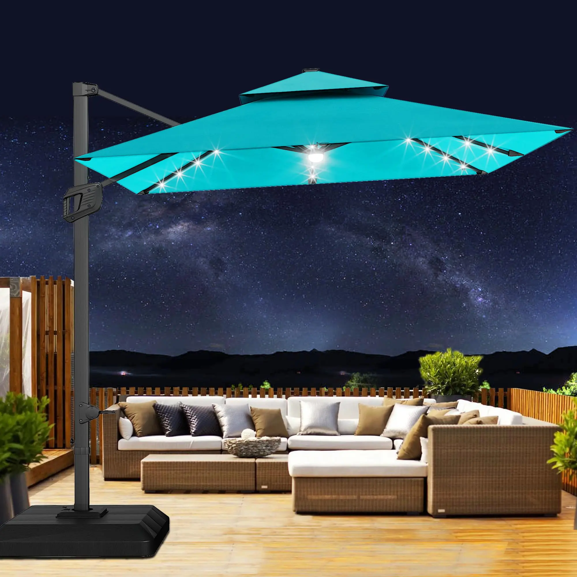 10×10FT Turquoise Blue Square Offset Cantilever Patio Umbrella with Matching Weighted Base, 2-Tier Vented Top & Built-in Solar LED Lights, Aluminum Frame with 360° Full Rotation, Heavy-Duty Outdoor Sun Parasol for Backyard Deck Pool