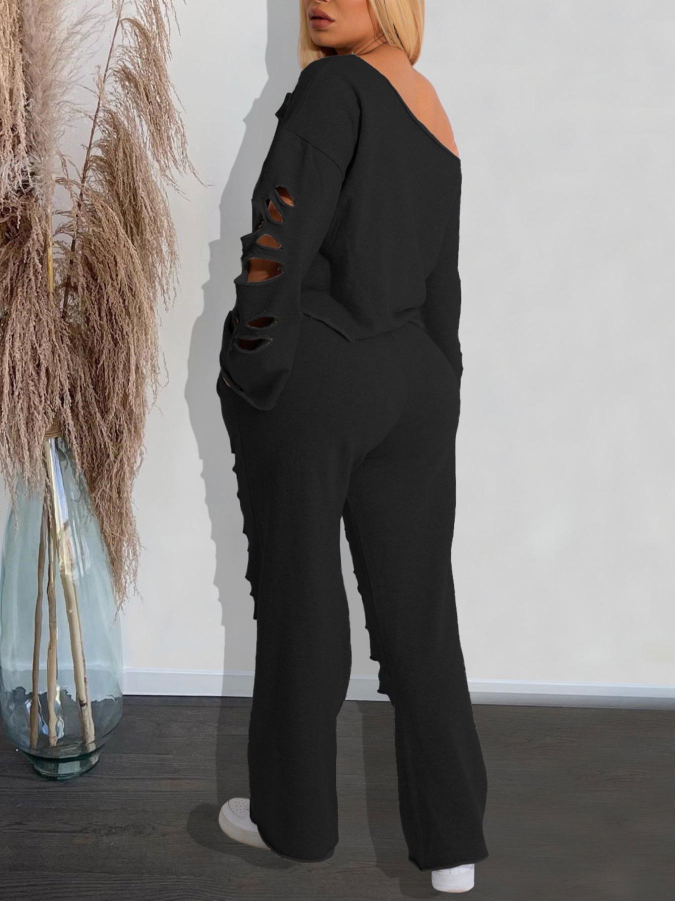 Women's Ripped Asymmetrical Neck Jersey Pullover & Wide Leg Pants Set, Solid Drop Shoulder Top & Ripped Trousers Set, Fashion Cozy Outfits for Daily Wear, Co-ord Sets for Women, Sweatsuit Set Outfit, Clothes