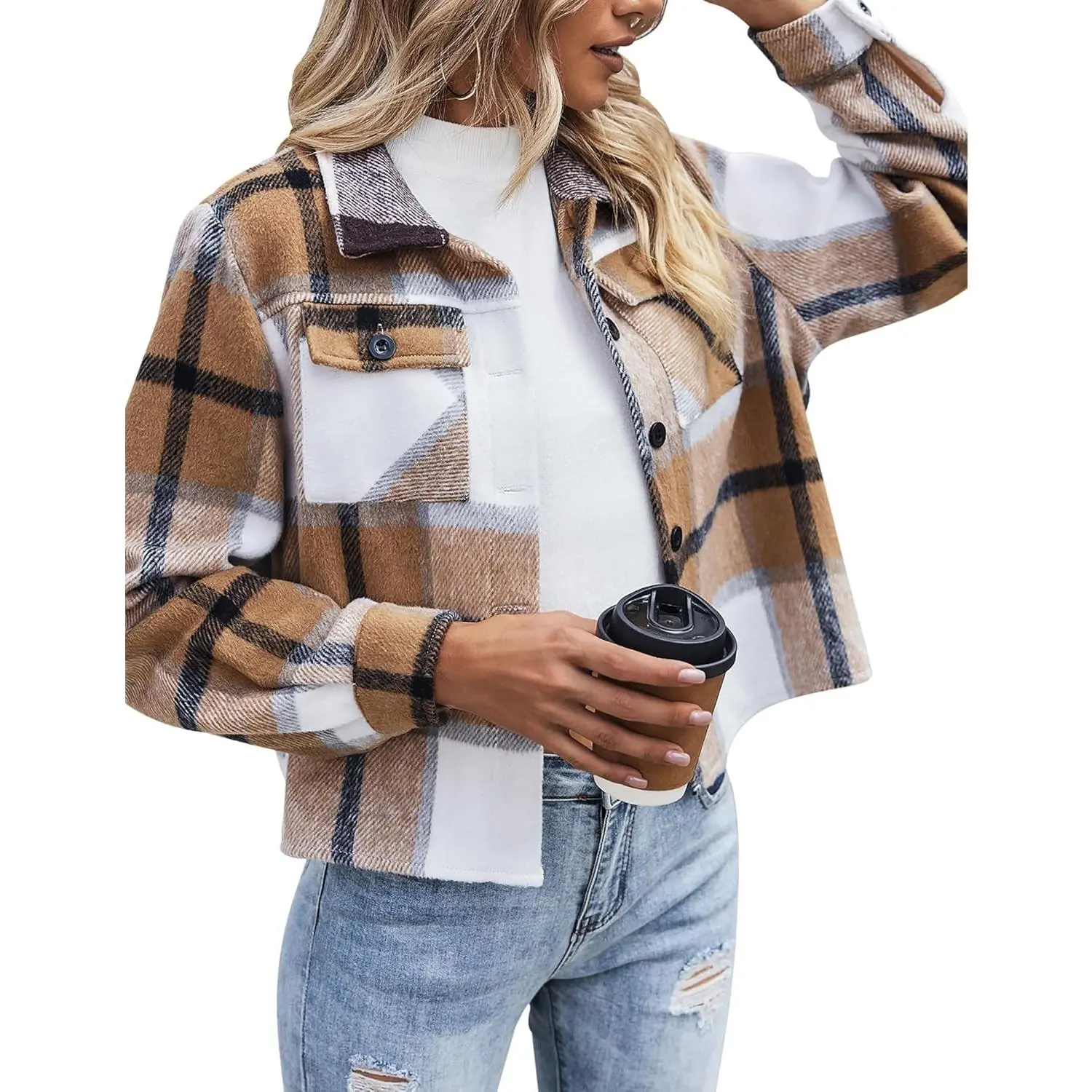 Women's Cropped Flannel Shacket Jacket - Fashion Plaid Button Down Shirt, 2026 Fall Coat Tops