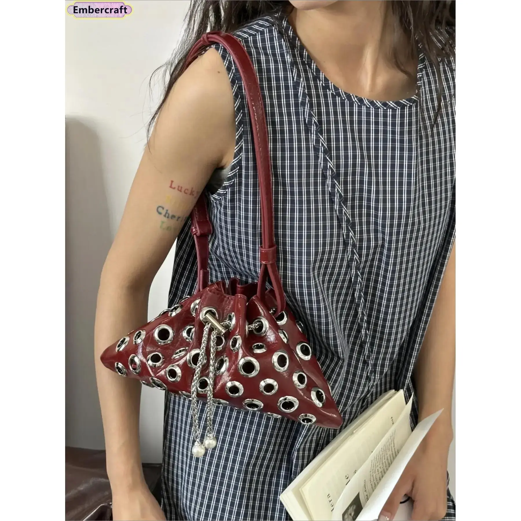 Women's Punk Y2K Studded Rivet Hollow-Out Bucket Bag, Small Lightweight Adjustable Strap Crossbody Shoulder Purse, All-Seasons Streetwear Accessory, Bags for Women Purses for Festival Use