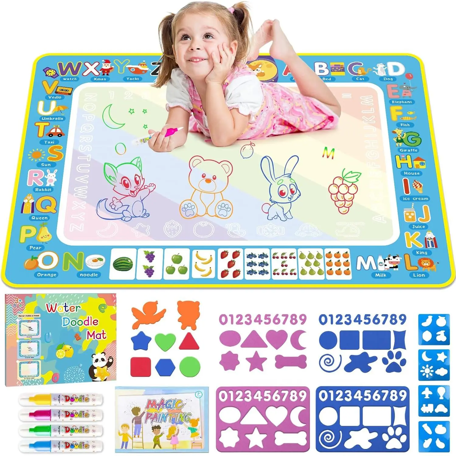 Water Doodle Mat Kids Mess Free Coloring Doodle Mat Educational Toys  3 4 5 6 7 8 Years Old with Magic Pens Educational Toys Toddler Boys Girls Christmas Birthday Holiday Present