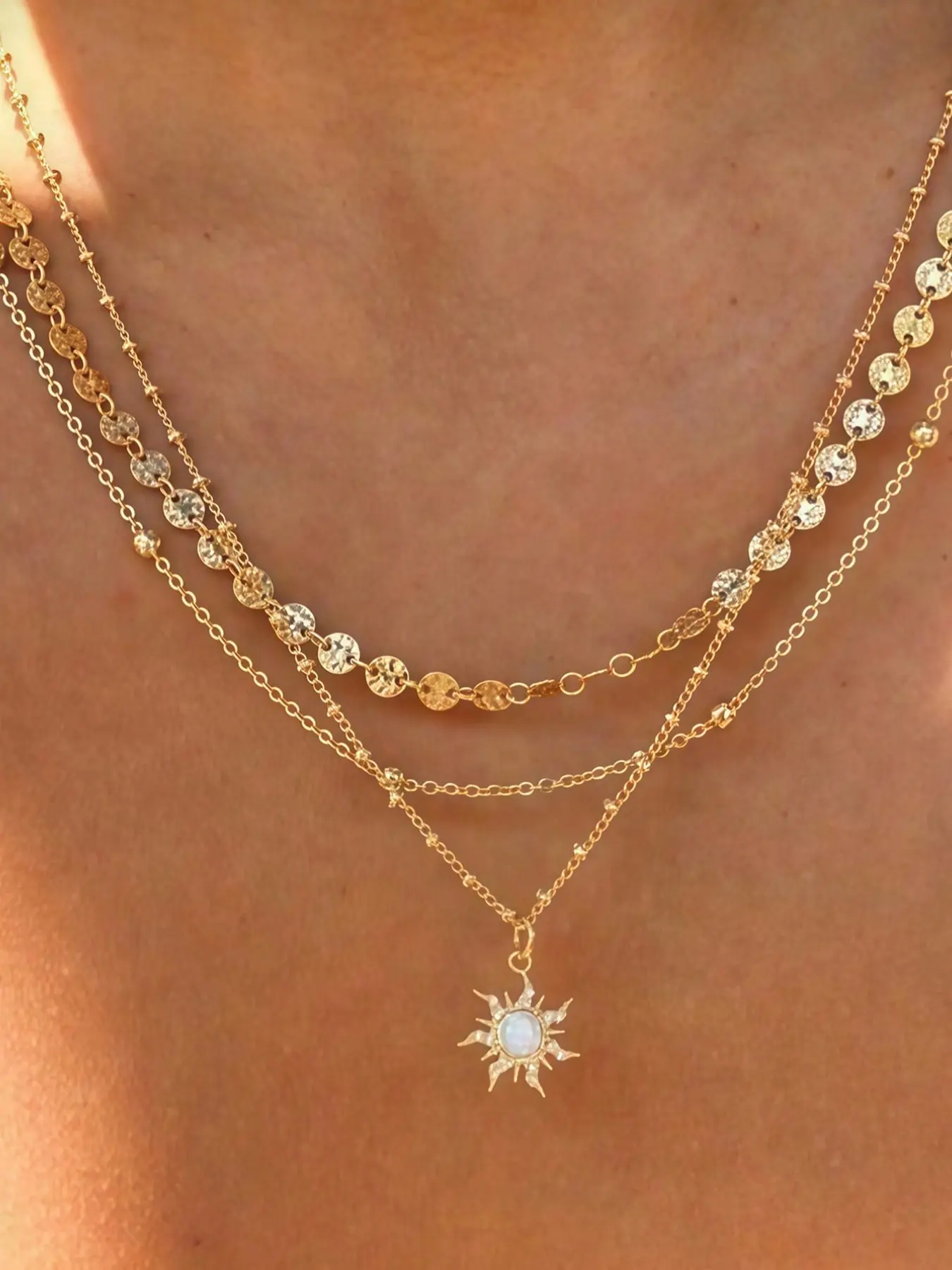 3pcs/Set Delicate Sun Pendant Necklace, With Disc & Beaded Chain, Multi-Layer Wearable Women's Daily Fashion Jewelry (Bead Quantity Random)