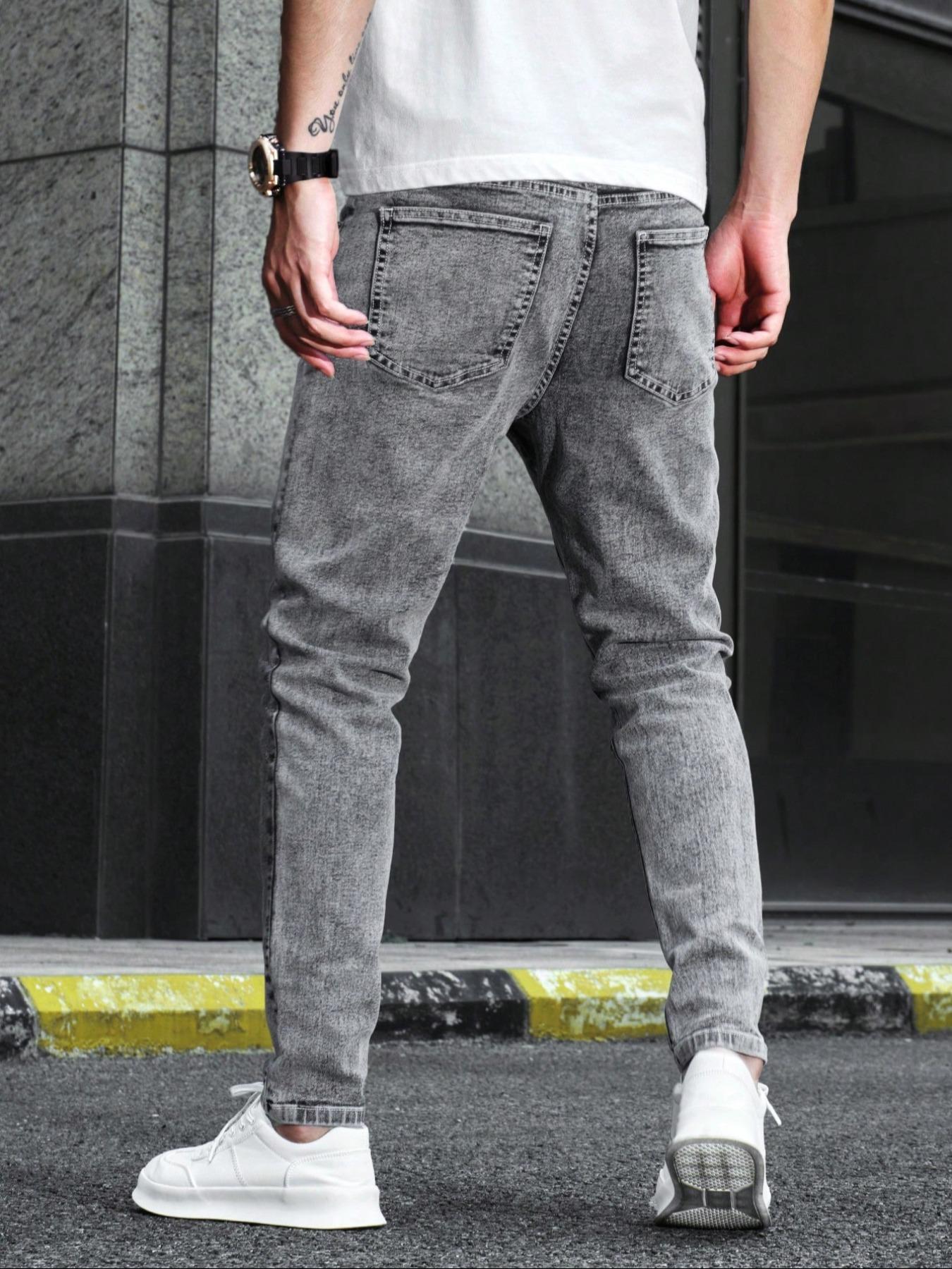 Men's Regular Fit Solid Color Ripped Skinny Jeans, Casual Comfy Denim Pants for Daily Wear, Fashion Men's Bottoms for All Seasons, Menswear, Streetwear, Denim Trouser