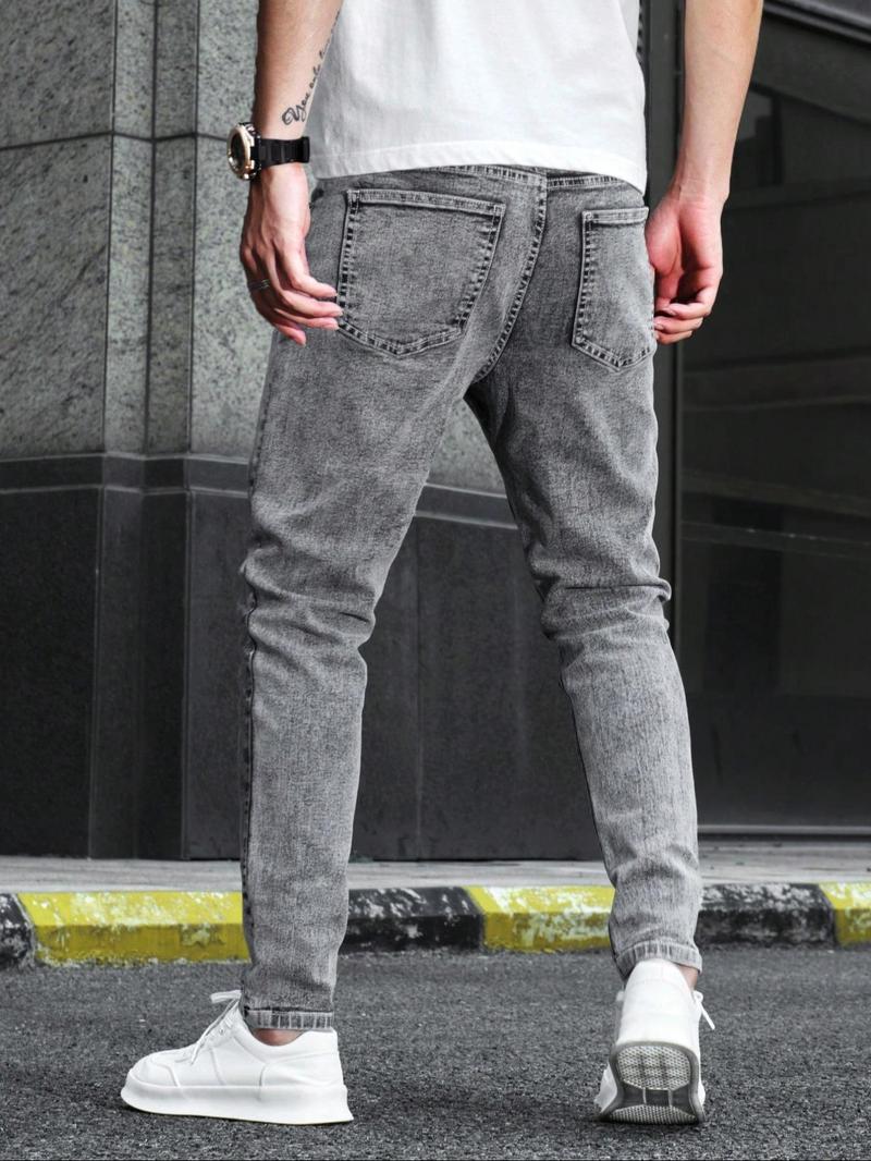 Men's Regular Fit Solid Color Ripped Skinny Jeans, Casual Comfy Denim Pants for Daily Wear, Fashion Men's Bottoms for All Seasons, Menswear, Streetwear, Denim Trouser