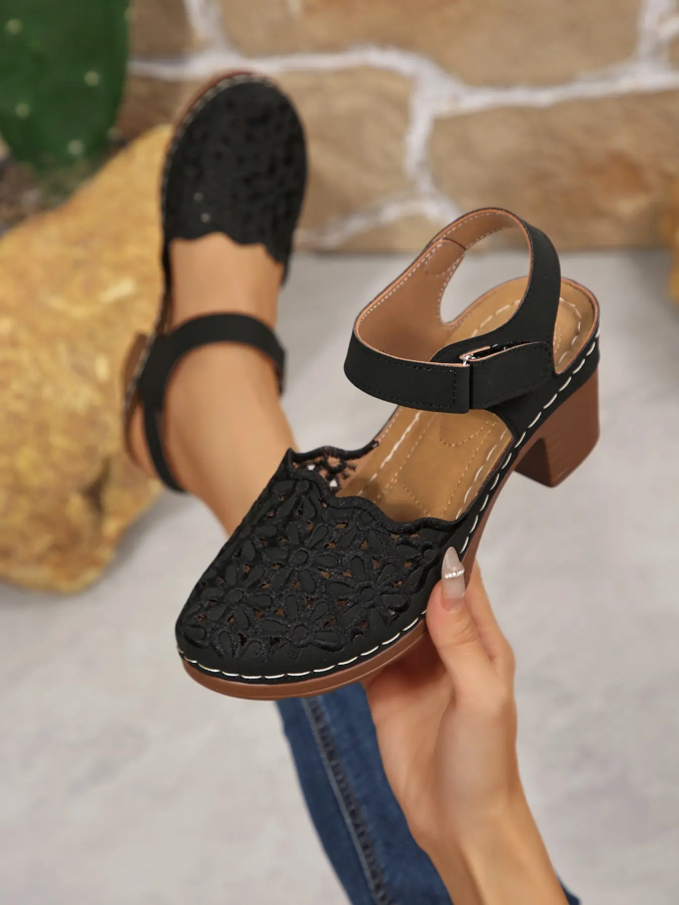 Boho Hollow Out Chunky Heel Sandals, Adjustable Strap Closed-Toe Mules, Comfortable Summer Women's Shoes, Sizes 36-43, Ankle Strap Sandal, Bohemian Trendy Sandals, Boho Casual Sandals