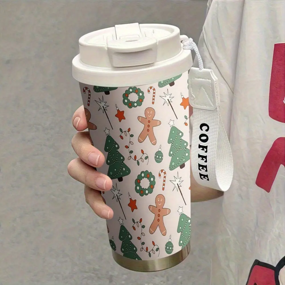 Christmas Gingerbread Coffee Cup, 530ML Insulated Tumbler with Straw and Lid, Stainless Steel Vacuum Travel Mug, Office & Camping Gift