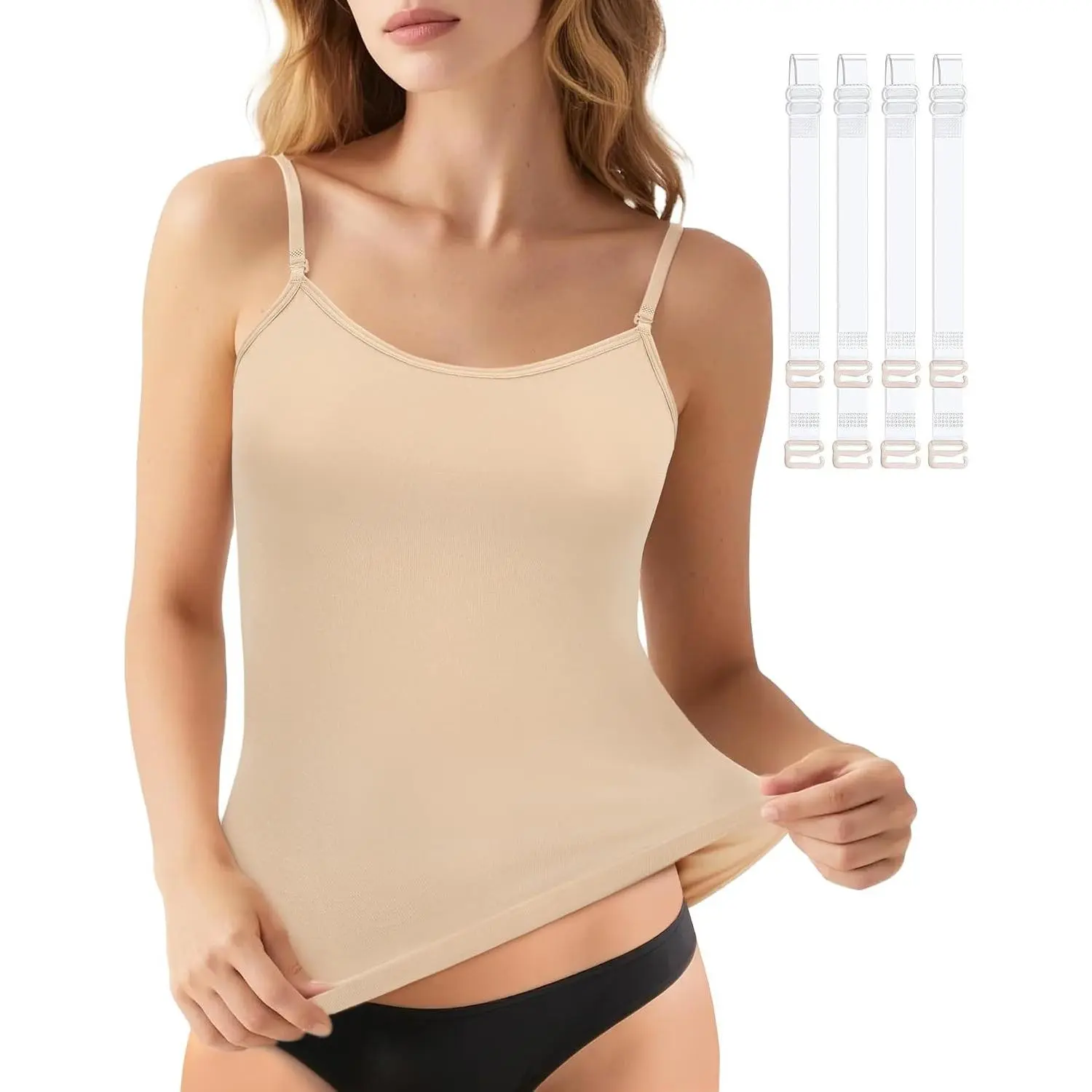 Camisole Tops for Women Nude Tank Top Double Lined Scoop Neck Spaghetti Strap Tank Top with Adjustable Clear Straps