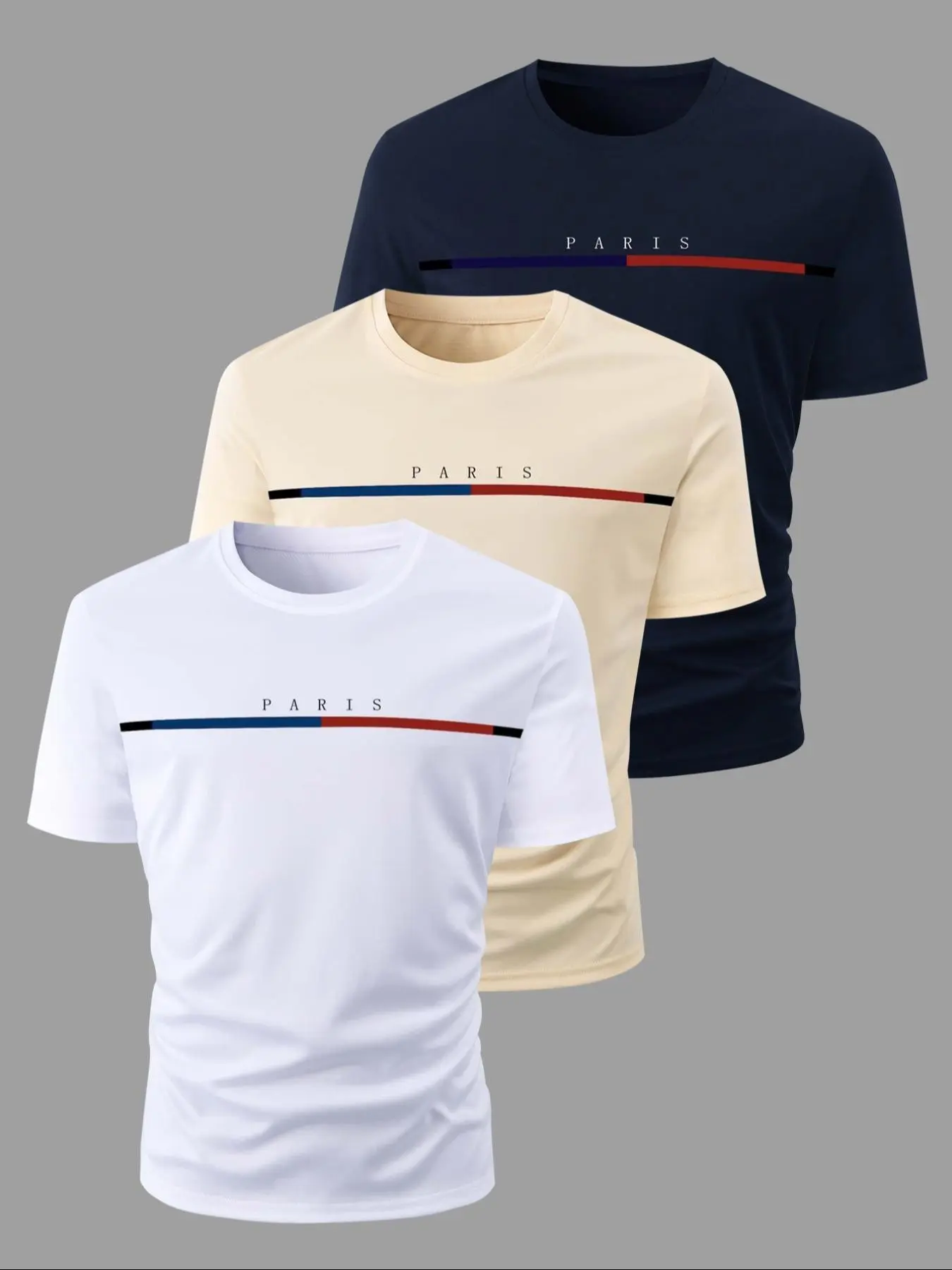 Men's 3-Pack Classic Casual Round Neck Striped Print Short Sleeve T-Shirts, Lightweight Breathable Fabric, Versatile for Daily Wear